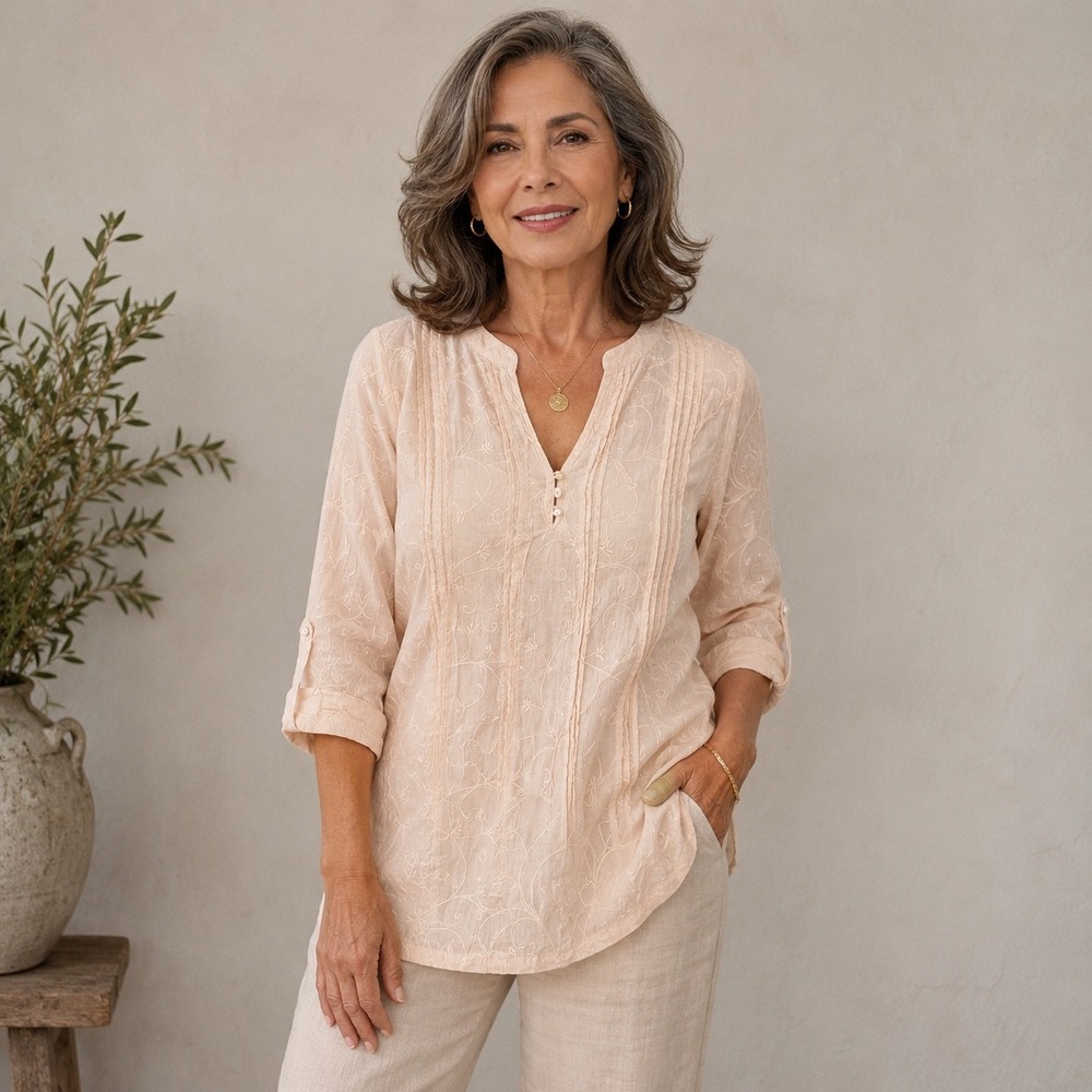 Marina Luna Women Blouse Peach Pink Embroidered Pintuck 3/4 Sleeve Tunic Size S